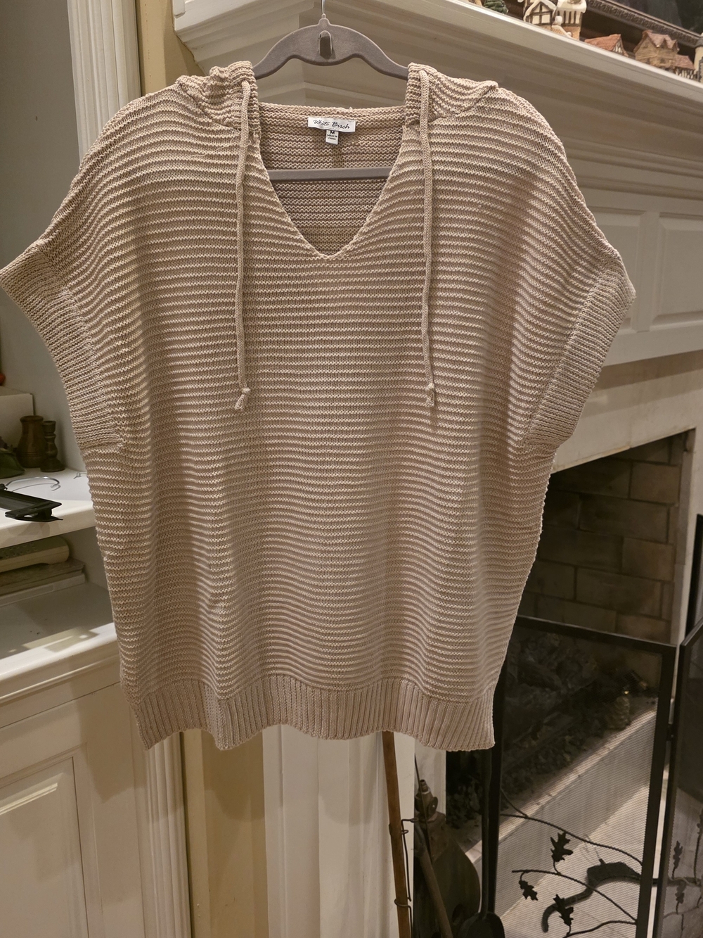 white birch Beige Knit V-Neck Hooded Sweater
